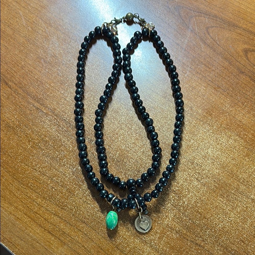Black and Green Beaded Necklace with Charm